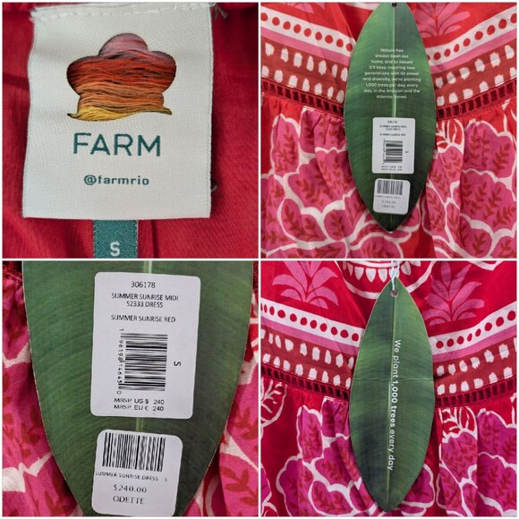 FARM Rio Summer Sunrise Midi Dress Red Short Sleeve Belted Back Cut Out Size S - Picture 5 of 13